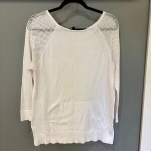 Chaps Womens White 100% Cotton Mesh Sleeve Kangaroo Pocket Sweater Size M Beach